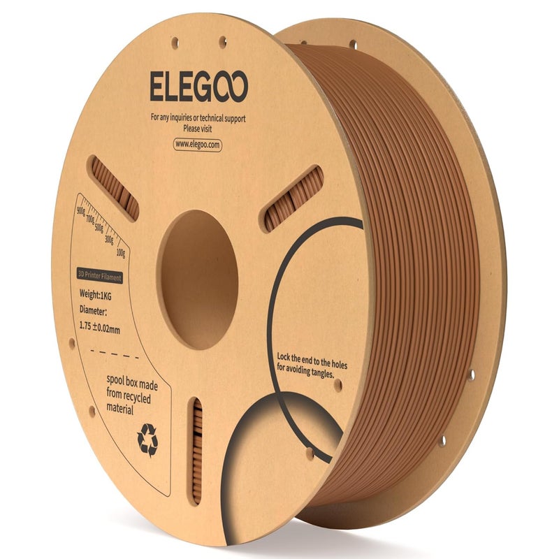 ELEGOO خيوط PLA 1.75 مم بني 1 كجم، خيوط طابعة ثلاثية الأبعاد بدقة أبعاد +/- 0.02 مم، بكرة كرتونية 1 كجم (2.2 رطل) تناسب معظم طابعات FDM ثلاثية الأبعاد - Image 1